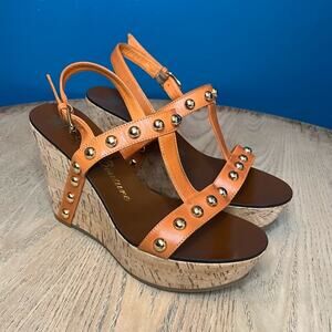 Juicy Couture Kipper Stud Strappy Leather Wedge Sandals Orange Women’s Size 7.5